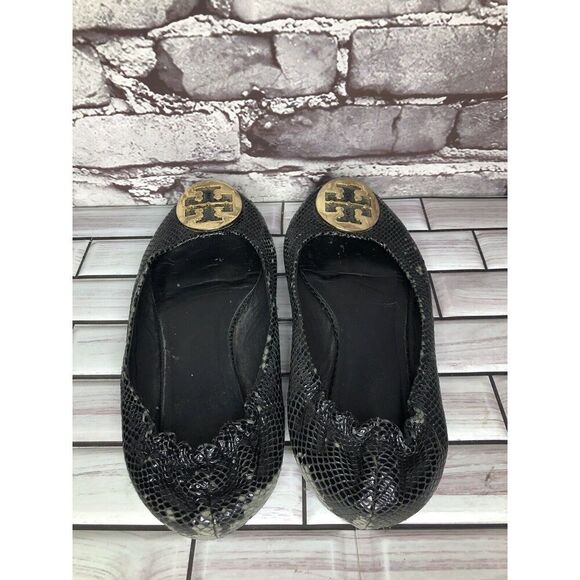 Tory Burch Reva Gold Logo Black Leather Snake Skin Ballet Flats Women Sz 7.5M US - Picture 5 of 16
